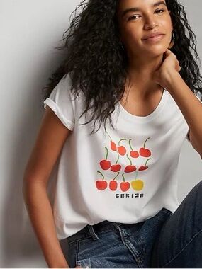 Anthropologie Maeve White Short-Sleeve Tee with Cherry Graphic